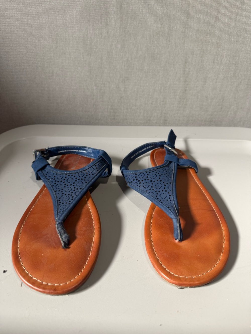 Navy Blue Leather-Trim Thong Sandals